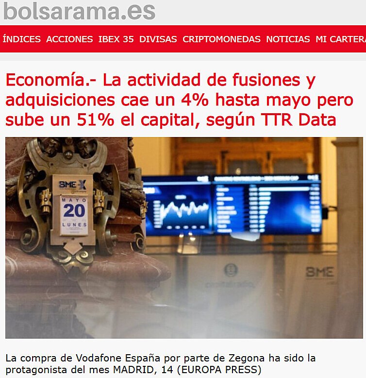 Economa.- La actividad de fusiones y adquisiciones cae un 4% hasta mayo pero sube un 51% el capital, segn TTR Data